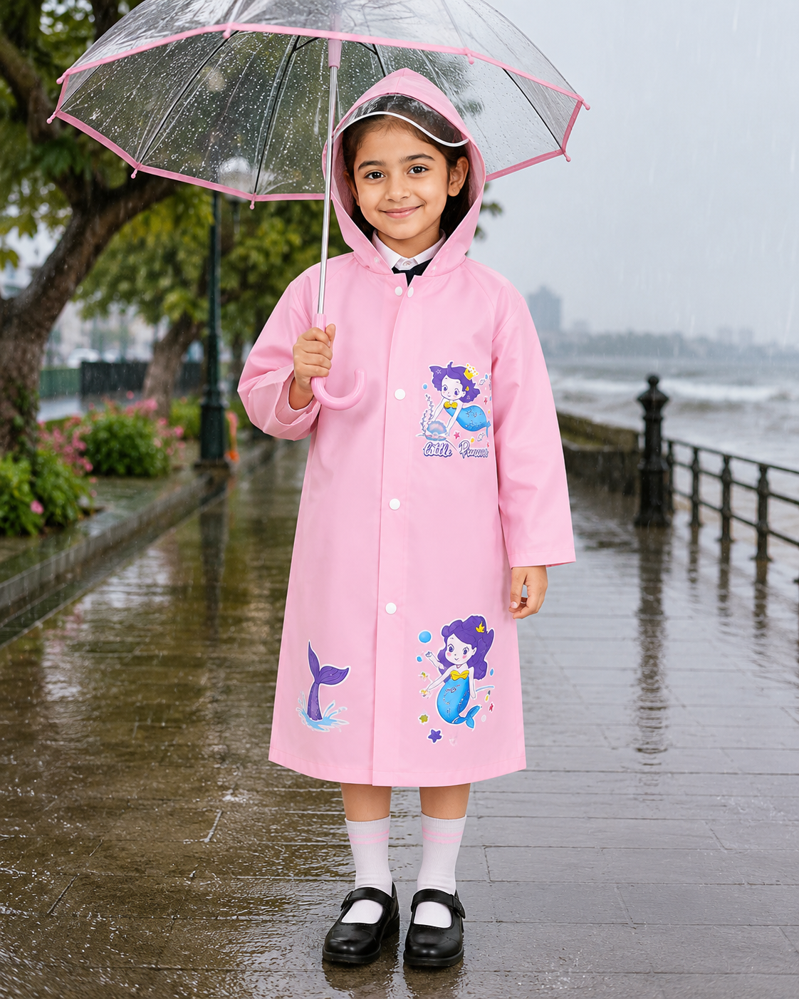 KIDELLO Kids Mermaid Printed Raincoat – Waterproof Hooded Raincoat for Girls
