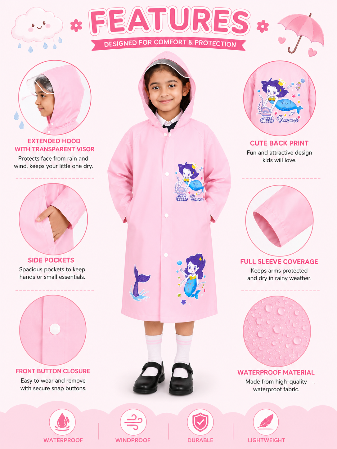 KIDELLO Kids Mermaid Printed Raincoat – Waterproof Hooded Raincoat for Girls