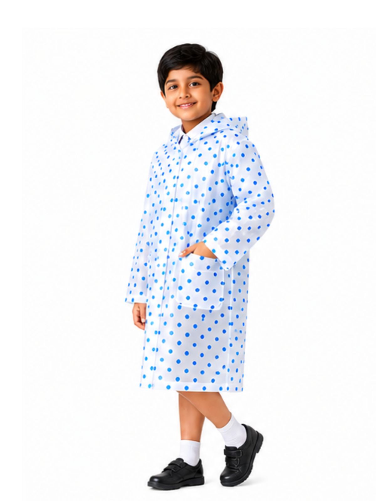 Kidello Kids Transparent Raincoat with Polka Dots | Waterproof Hooded Raincoat | School Rain Wear