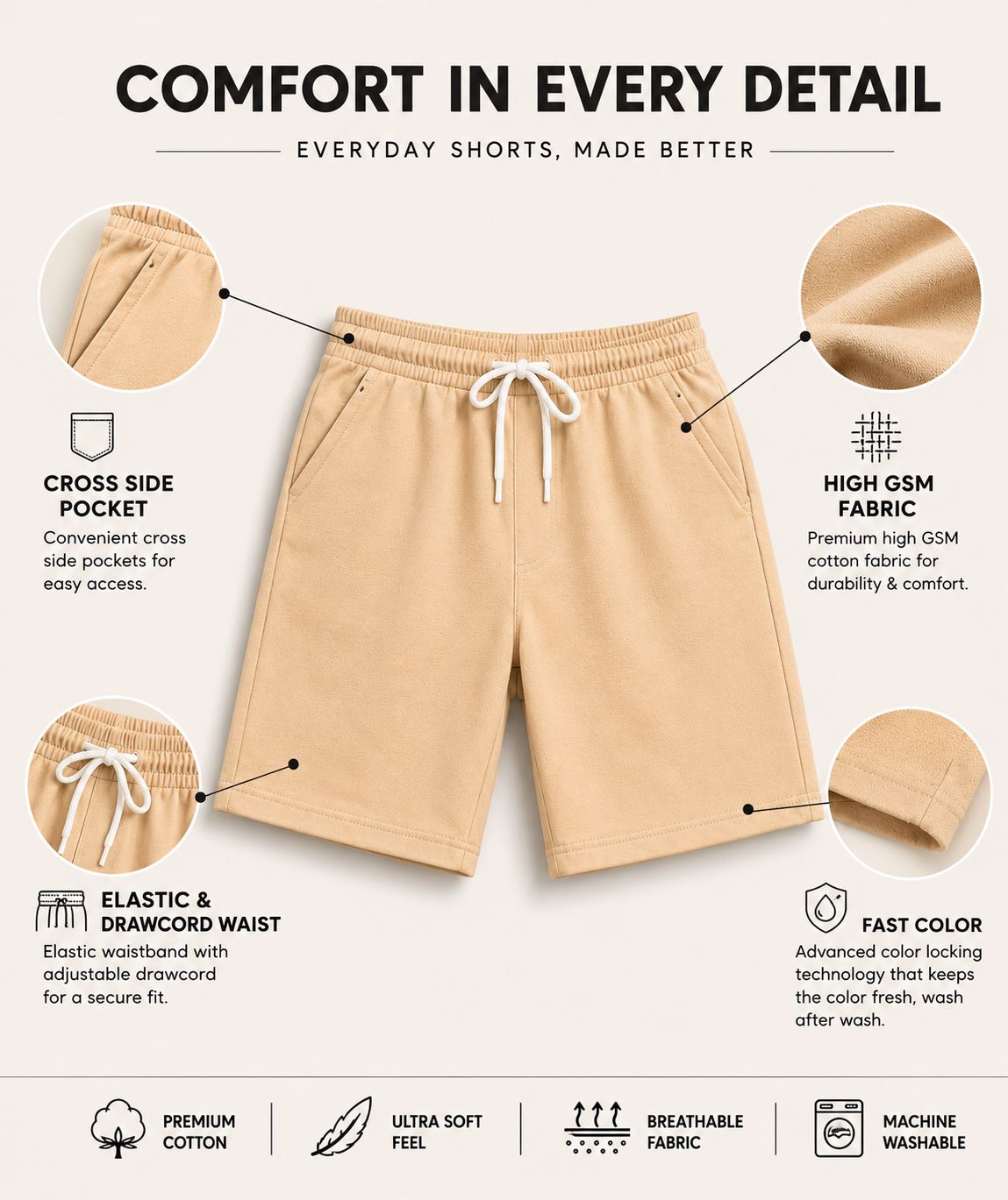 Kidello Boys Cotton High GSM Shorts | Regular Fit | Soft & Breathable | Elastic Waist with Drawstring | Everyday Casual Shorts