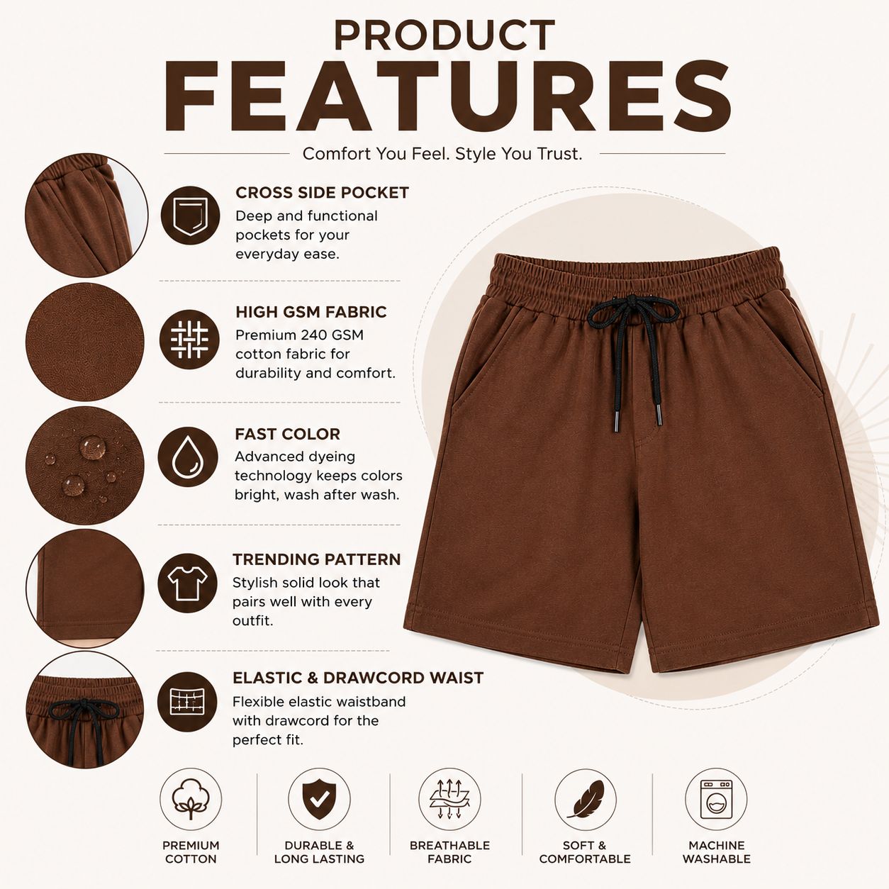 Kidello Boys Cotton High GSM Shorts | Regular Fit | Soft & Breathable | Elastic Waist with Drawstring | Everyday Casual Shorts