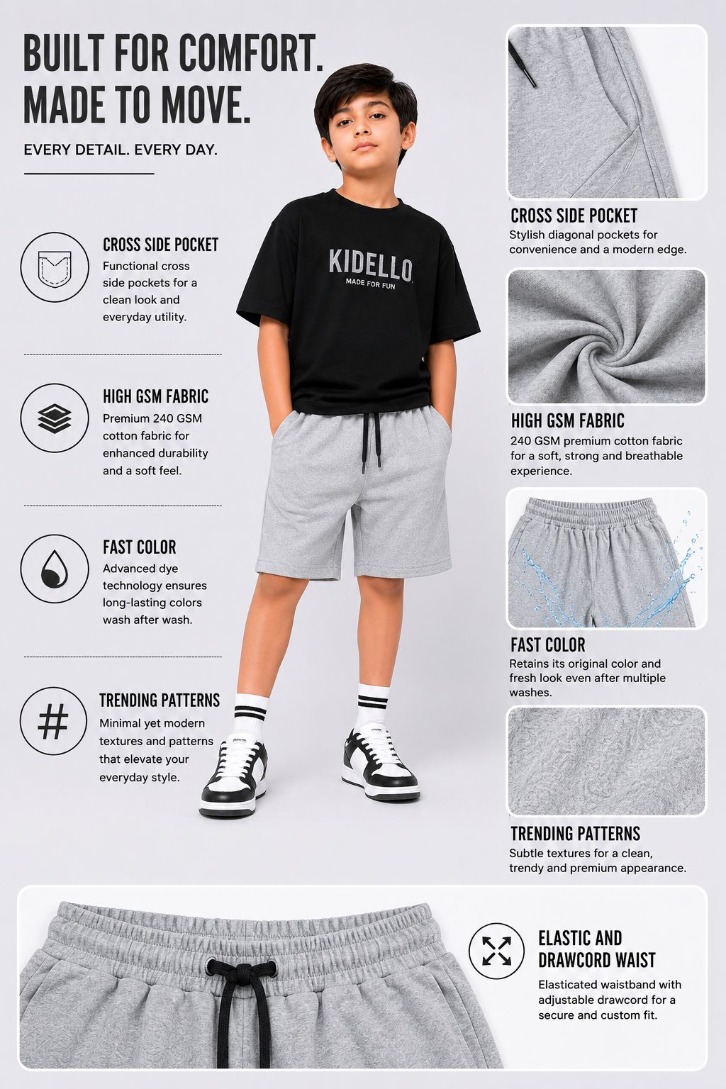Kidello Boys Cotton High GSM Shorts | Regular Fit | Soft & Breathable | Elastic Waist with Drawstring | Everyday Casual Shorts
