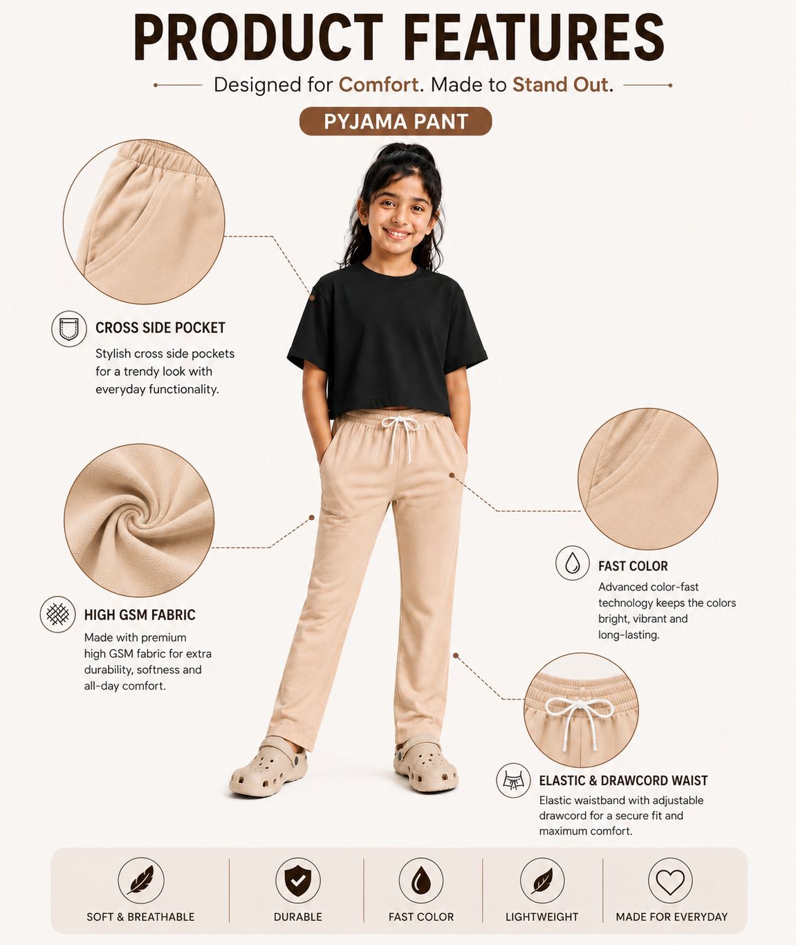 Kidello Girls Cotton Pyjama Track Pant | Soft & Breathable | Regular Fit | Everyday Lounge Wear | Elastic Waist with Drawstring