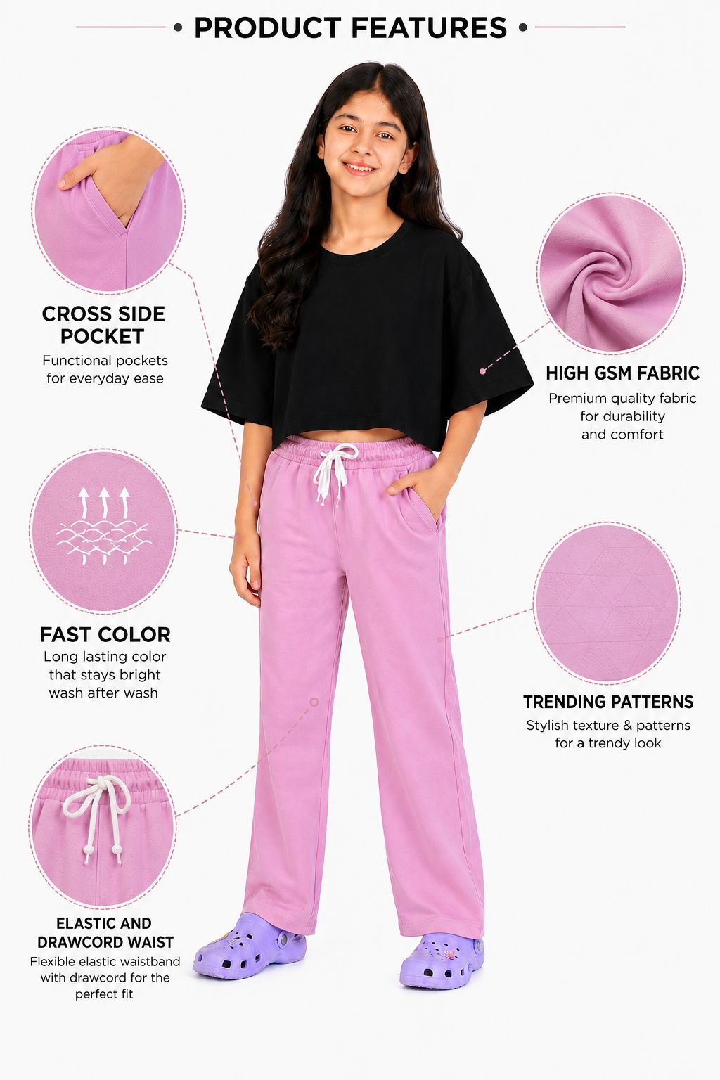 Kidello Girls Cotton Pyjama Track Pant | Soft & Breathable | Regular Fit | Everyday Lounge Wear | Elastic Waist with Drawstring