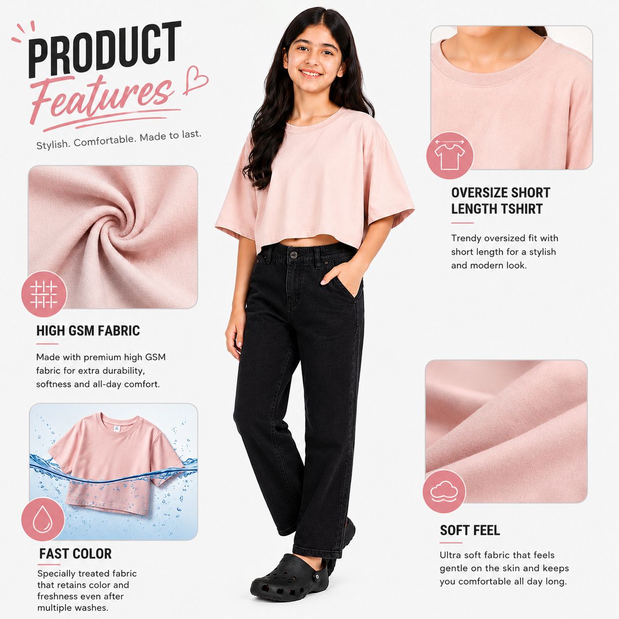 Kidello Girls Oversized Relaxed Fit Boxy Crop Top | Premium High GSM Cotton | Soft & Breathable | Casual Everyday T-Shirt
