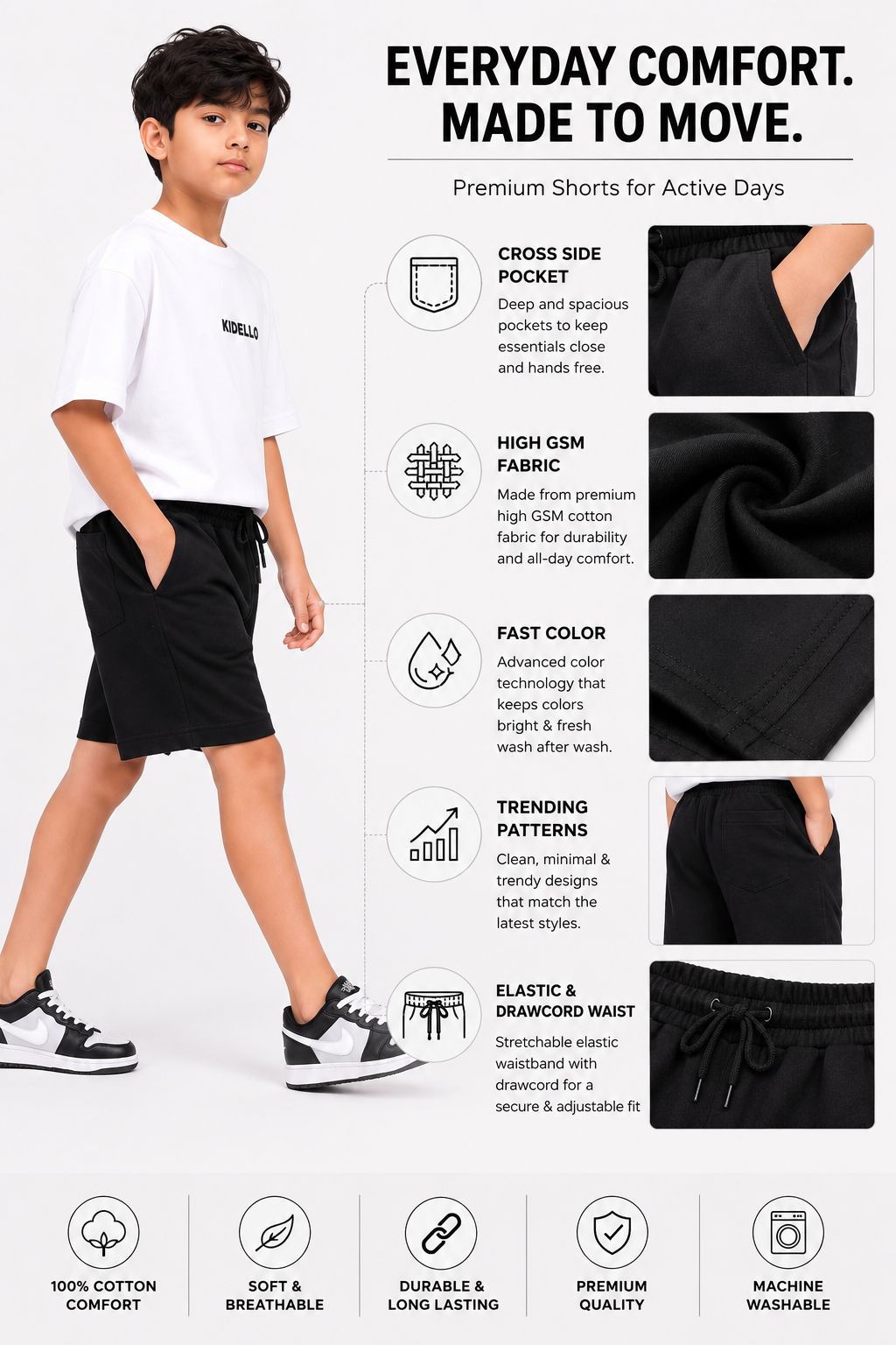 Kidello Boys Cotton High GSM Shorts | Regular Fit | Soft & Breathable | Elastic Waist with Drawstring | Everyday Casual Shorts