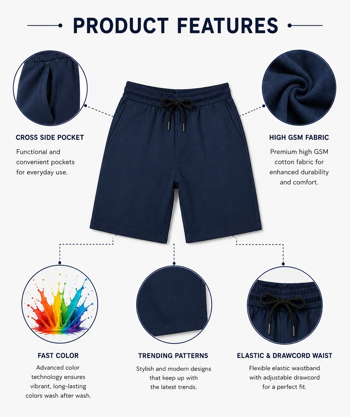 Kidello Boys Cotton High GSM Shorts | Regular Fit | Soft & Breathable | Elastic Waist with Drawstring | Everyday Casual Shorts