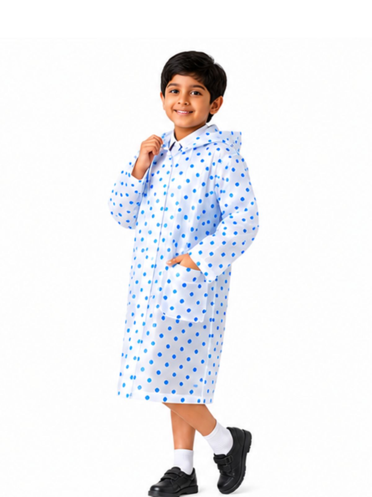 Kidello Kids Transparent Raincoat with Polka Dots | Waterproof Hooded Raincoat | School Rain Wear
