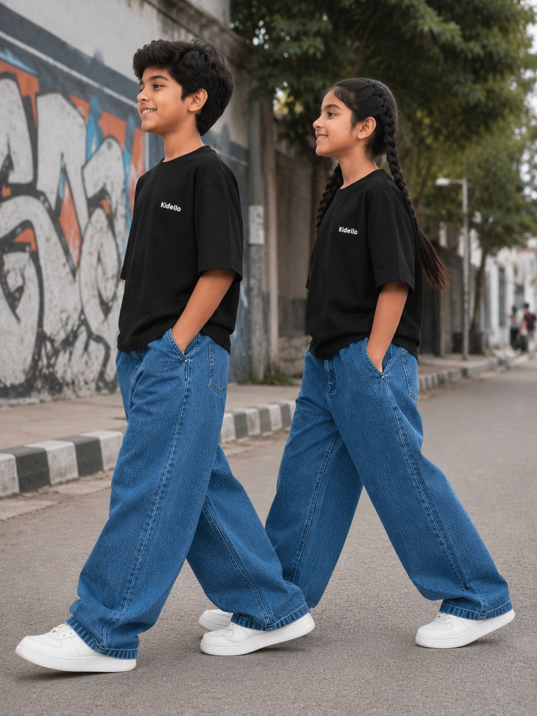 Kidello Kids Wide Leg Fit Jeans for Boys & Girls | Premium Cotton Denim | Mid Rise