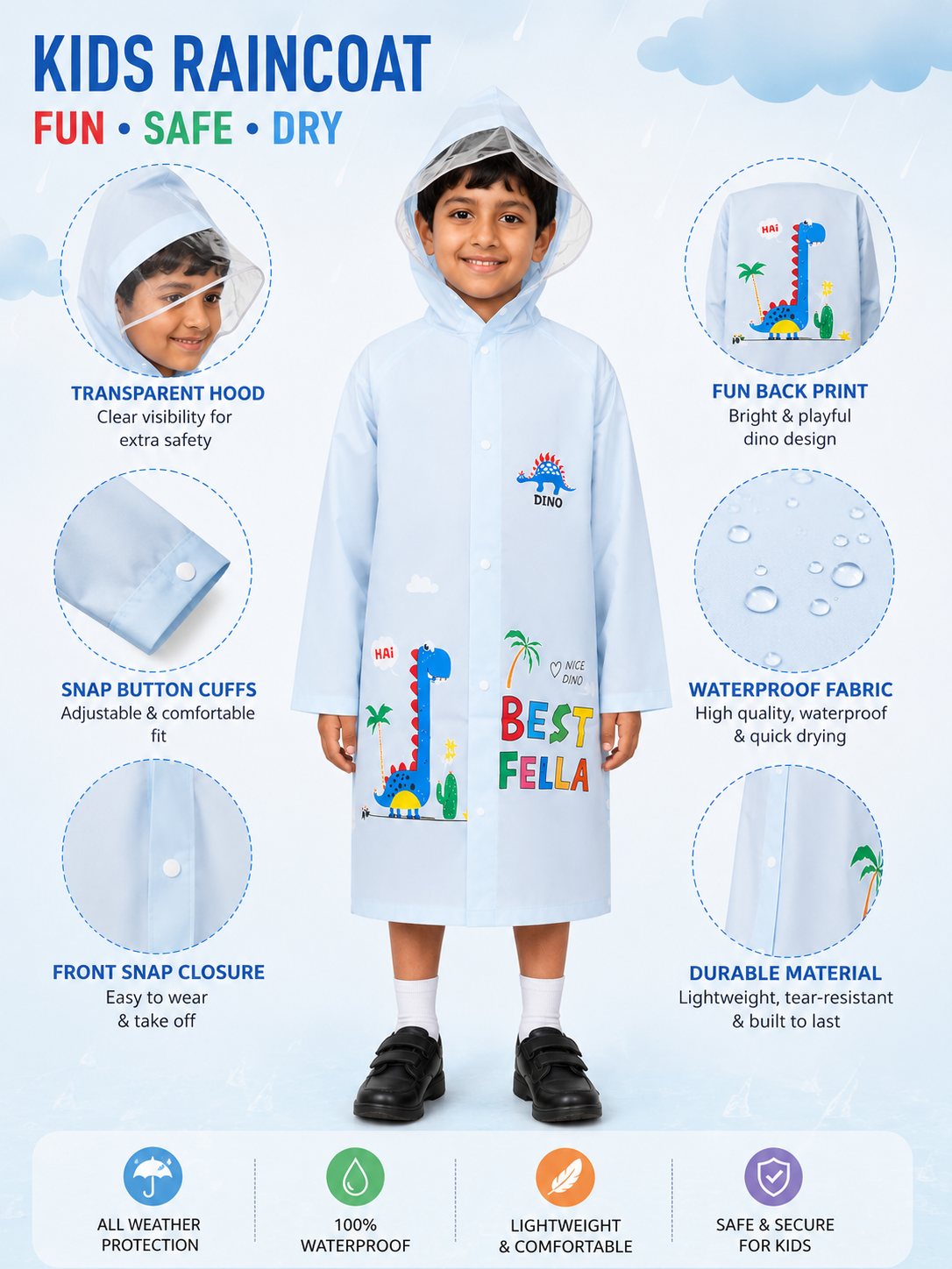 KIDELLO Kids Printed Raincoat – Dino Theme | Waterproof Hooded Raincoat for Boys & Girls
