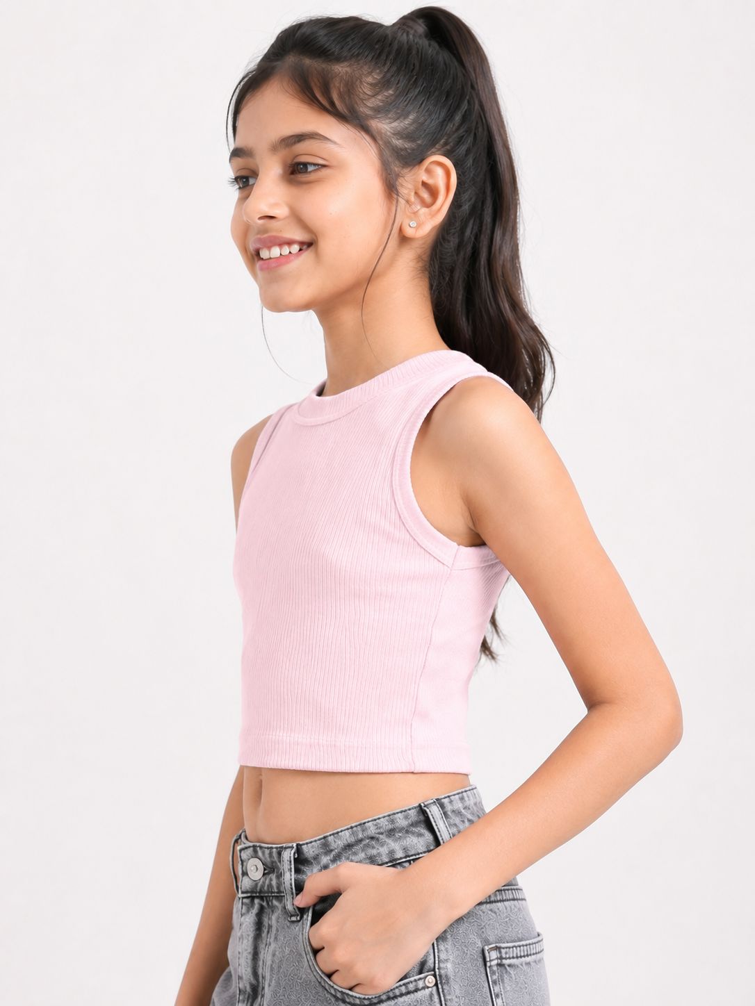 Kidello Girls Cotton Ribbed Crop Top | Sleeveless Casual Top