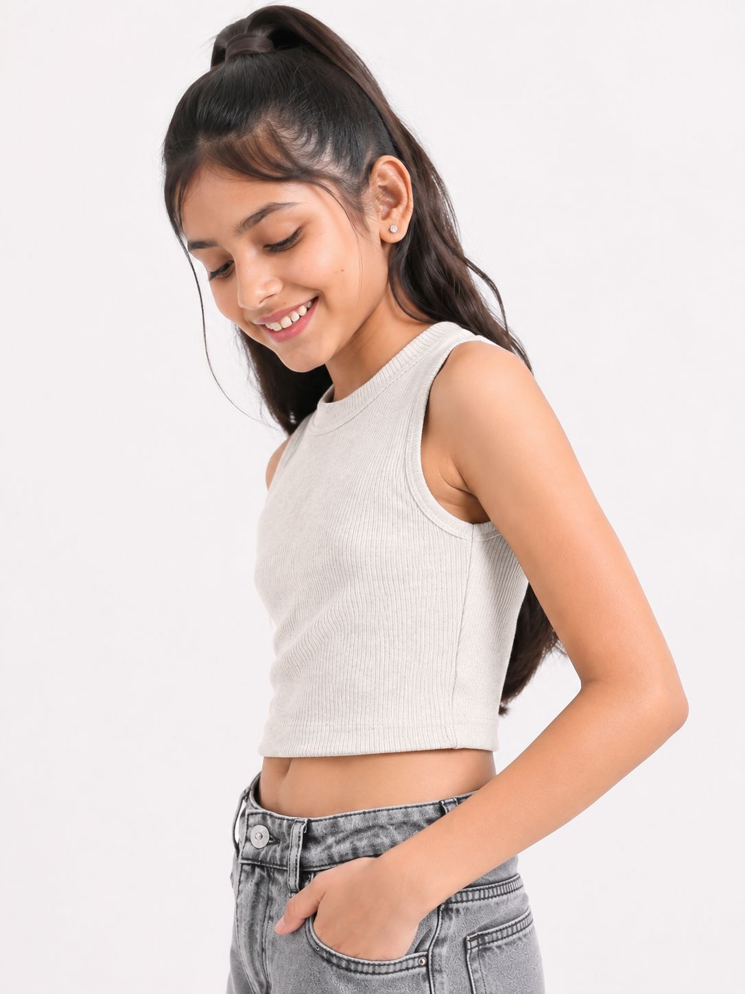 Kidello Girls Cotton Ribbed Crop Top | Sleeveless Casual Top