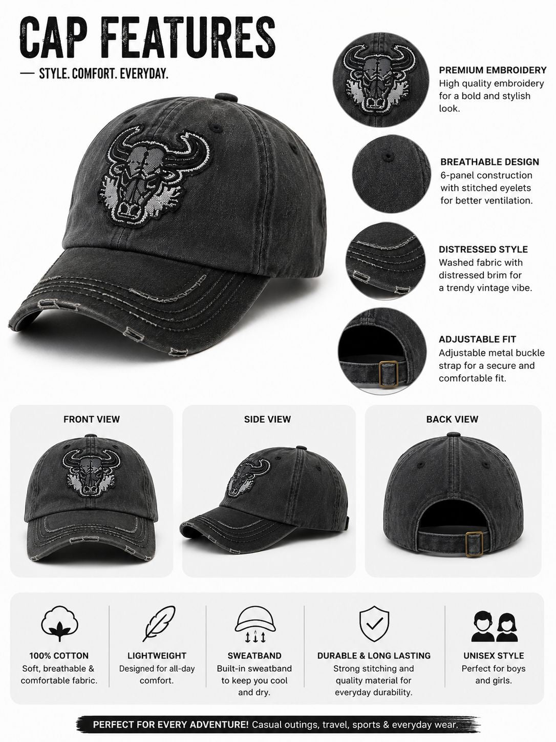 Kidello Kids Vintage Baseball Cap | Adjustable Cotton Sun Cap | Stylish Embroidered Casual Cap for Boys & Girls (11–14 Years)
