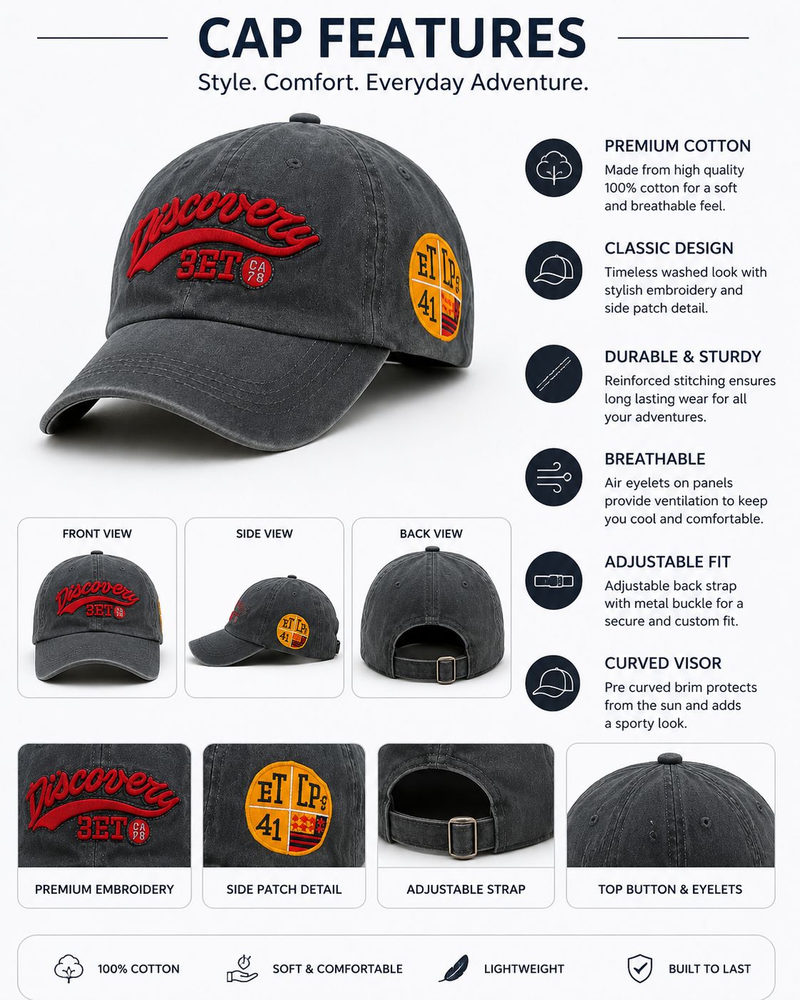 Kidello Kids Vintage Baseball Cap | Adjustable Cotton Sun Cap | Stylish Embroidered Casual Cap for Boys & Girls (11–14 Years)