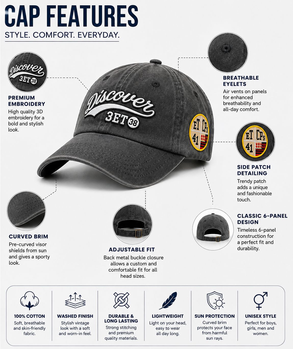 Kidello Kids Vintage Baseball Cap | Adjustable Cotton Sun Cap | Stylish Embroidered Casual Cap for Boys & Girls (11–14 Years)