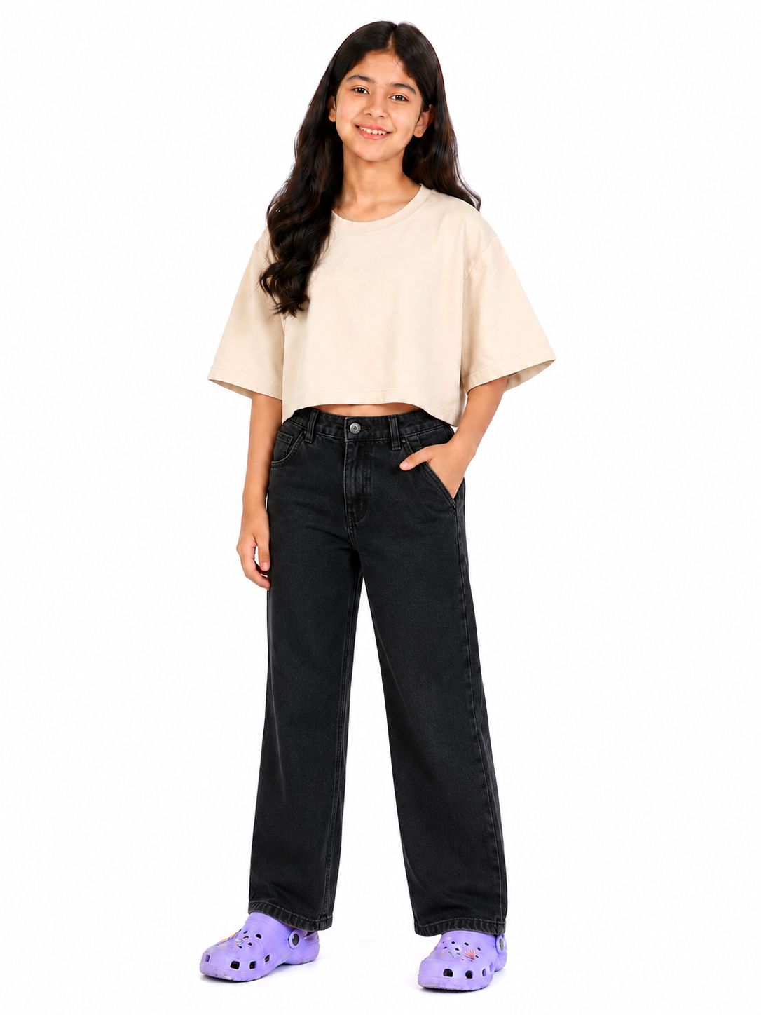 Kidello Girls Oversized Relaxed Fit Boxy Crop Top | Premium High GSM Cotton | Soft & Breathable | Casual Everyday T-Shirt