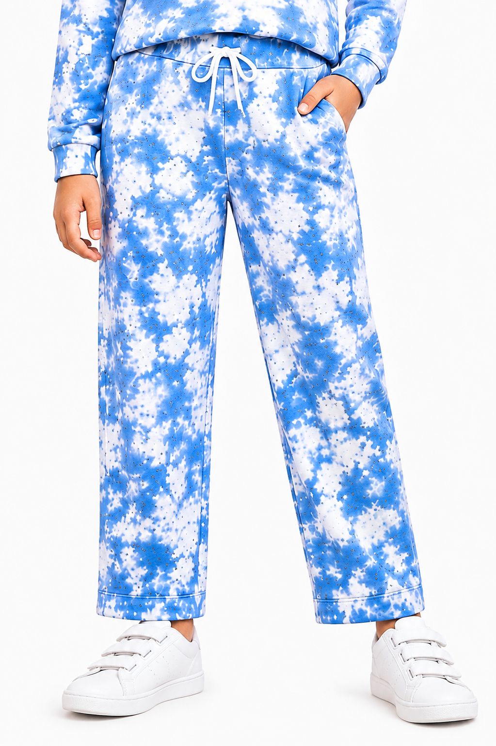 Kidello Girls Tie-Dye Pants | Blue & White Wide-Leg Cotton Jogger Pants with Drawstring
