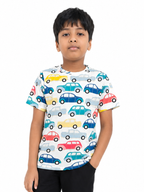KIDELLO Boys Car Print T-Shirt | 100% Cotton Graphic Printed Round Neck Tee for Kids | Soft Casual Wear