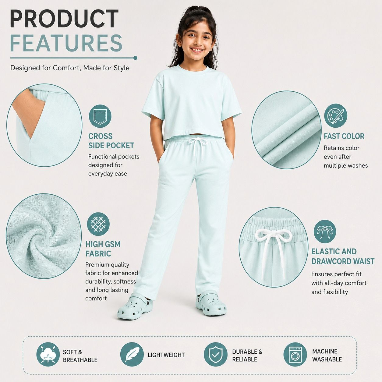 Kidello Girls Cotton Co-ord Set | Oversized Crop Top & Track Pant