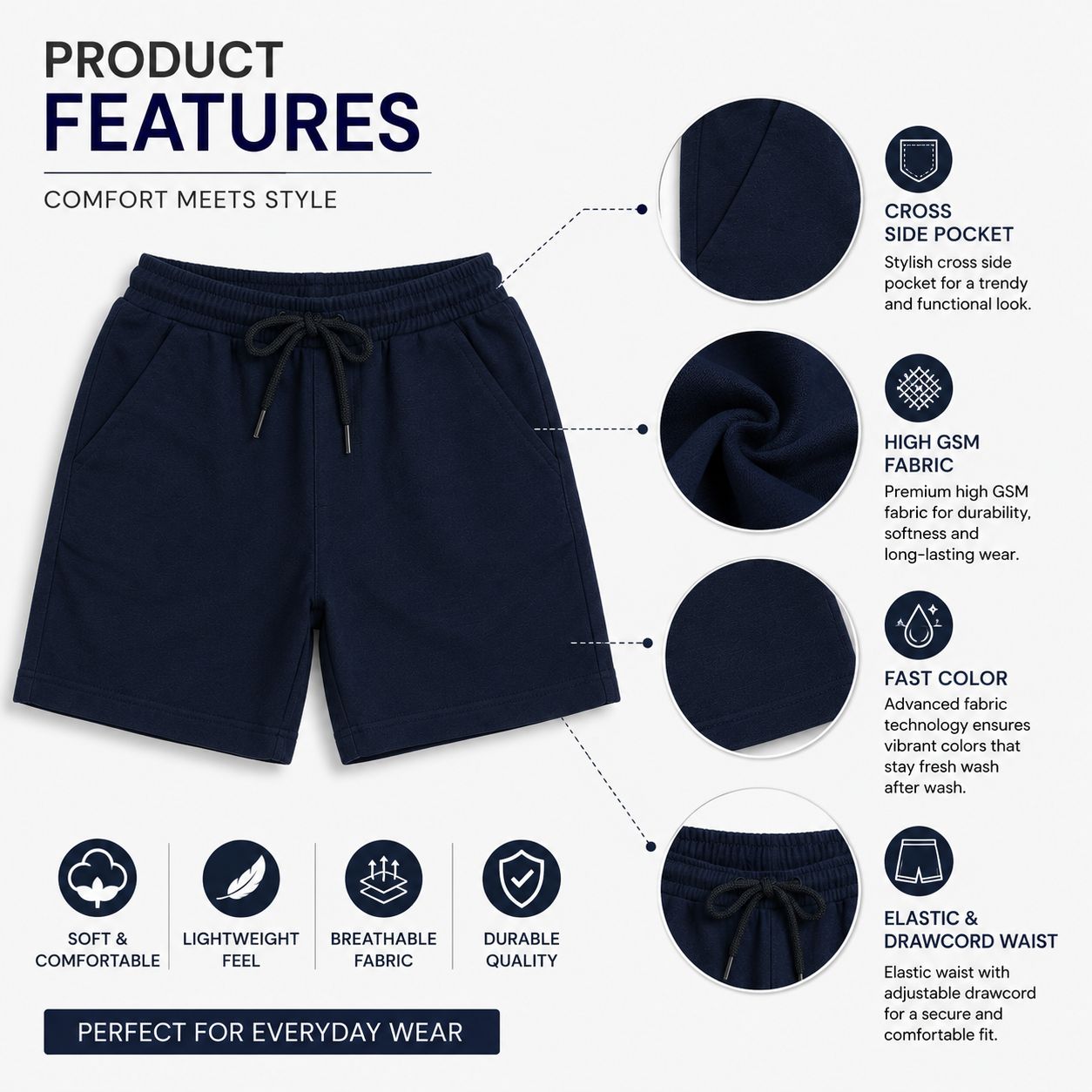 Kidello Boys Cotton Shorts Pack of 2 | Soft & Breathable | Regular Fit | Elastic Waist with Drawstring | Everyday Casual Shorts