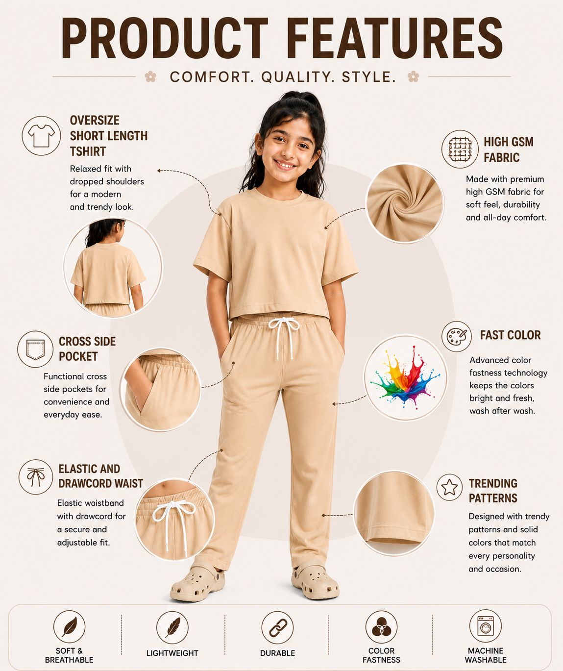 Kidello Girls Cotton Co-ord Set | Oversized Crop Top & Track Pant
