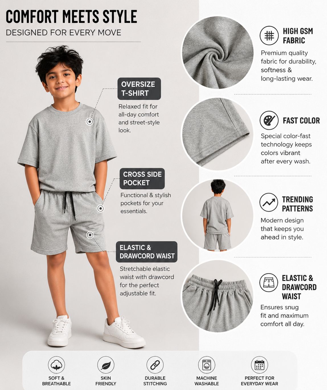 Kidello Boys Cotton Co-ord Set | Oversized T-Shirt & Shorts