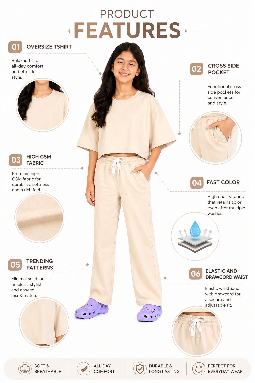 Kidello Girls Cotton Co-ord Set | Oversized Crop Top & Track Pant
