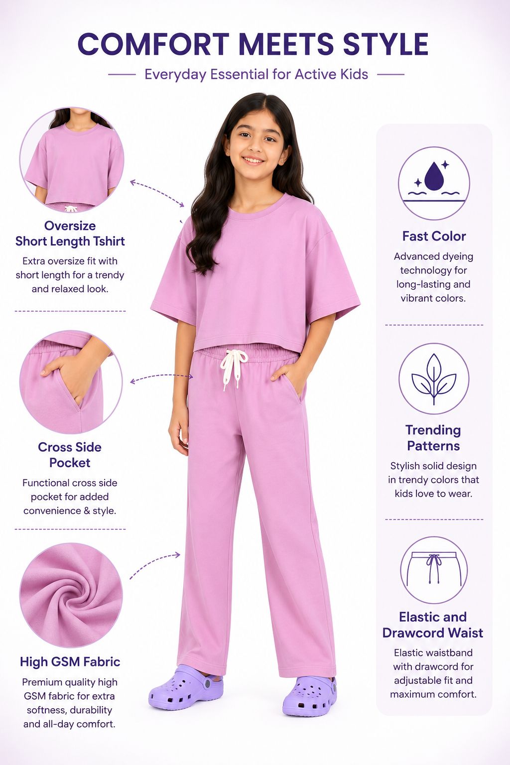 Kidello Girls Cotton Co-ord Set | Oversized Crop Top & Track Pant