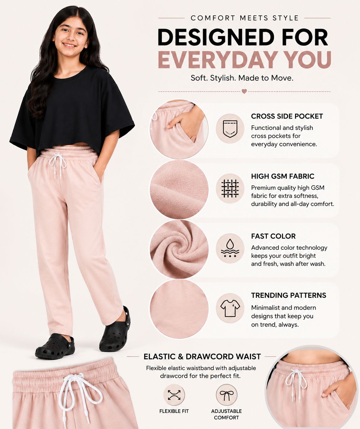 Kidello Girls Cotton Pyjama Track Pant | Soft & Breathable | Regular Fit | Everyday Lounge Wear | Elastic Waist with Drawstring