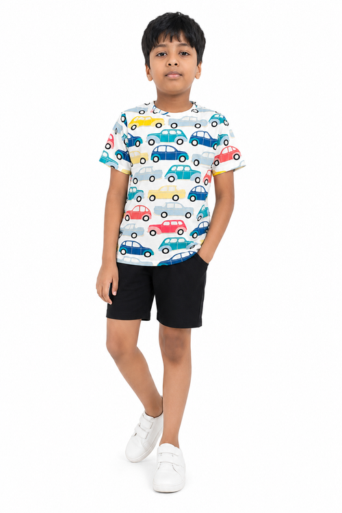 KIDELLO Boys Car Print T-Shirt | 100% Cotton Graphic Printed Round Neck Tee for Kids | Soft Casual Wear