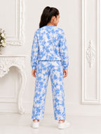 Kidello Girls Tie-Dye Pants | Blue & White Wide-Leg Cotton Jogger Pants with Drawstring