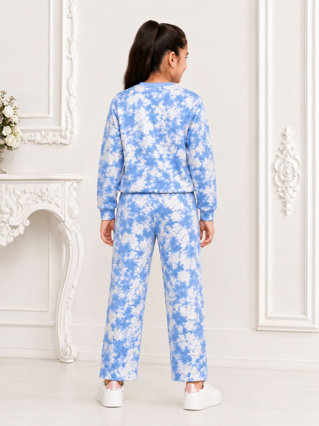 Kidello Girls Tie-Dye Pants | Blue & White Wide-Leg Cotton Jogger Pants with Drawstring