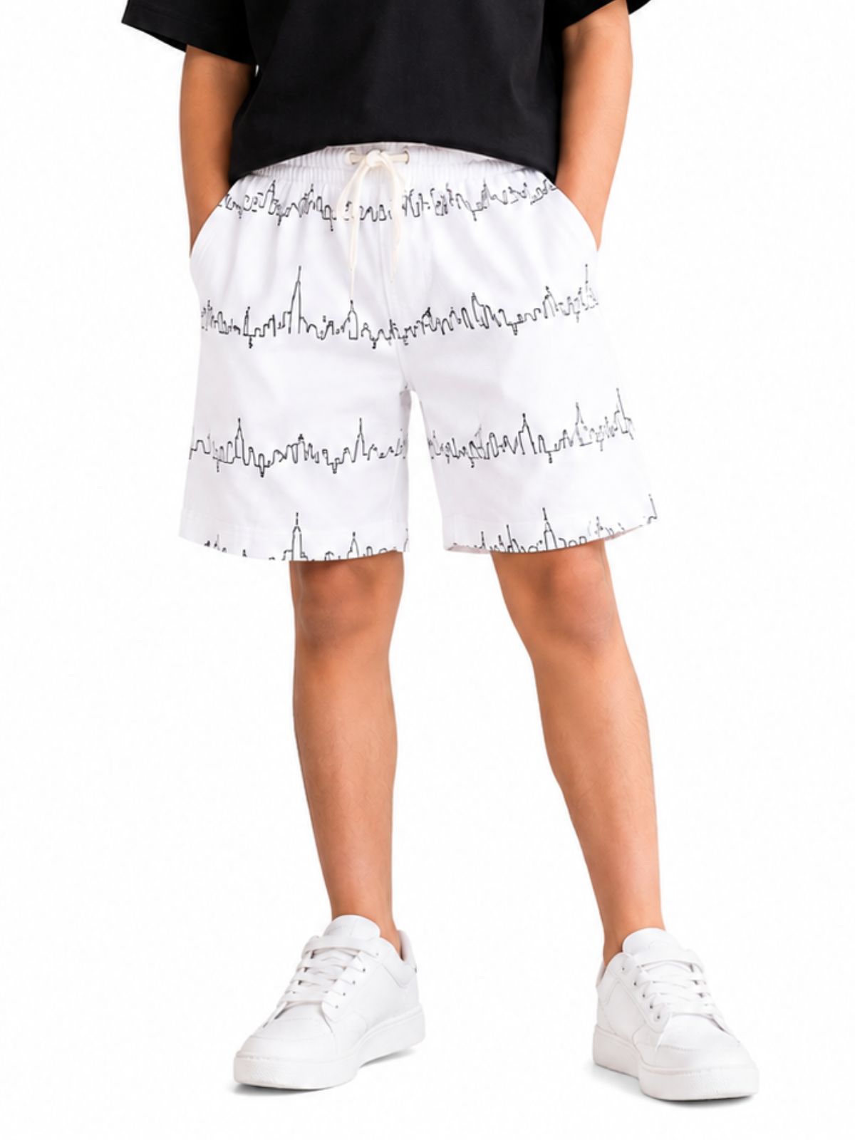 Kidello Boys Cotton Shorts | White Printed Casual Shorts with Drawstring