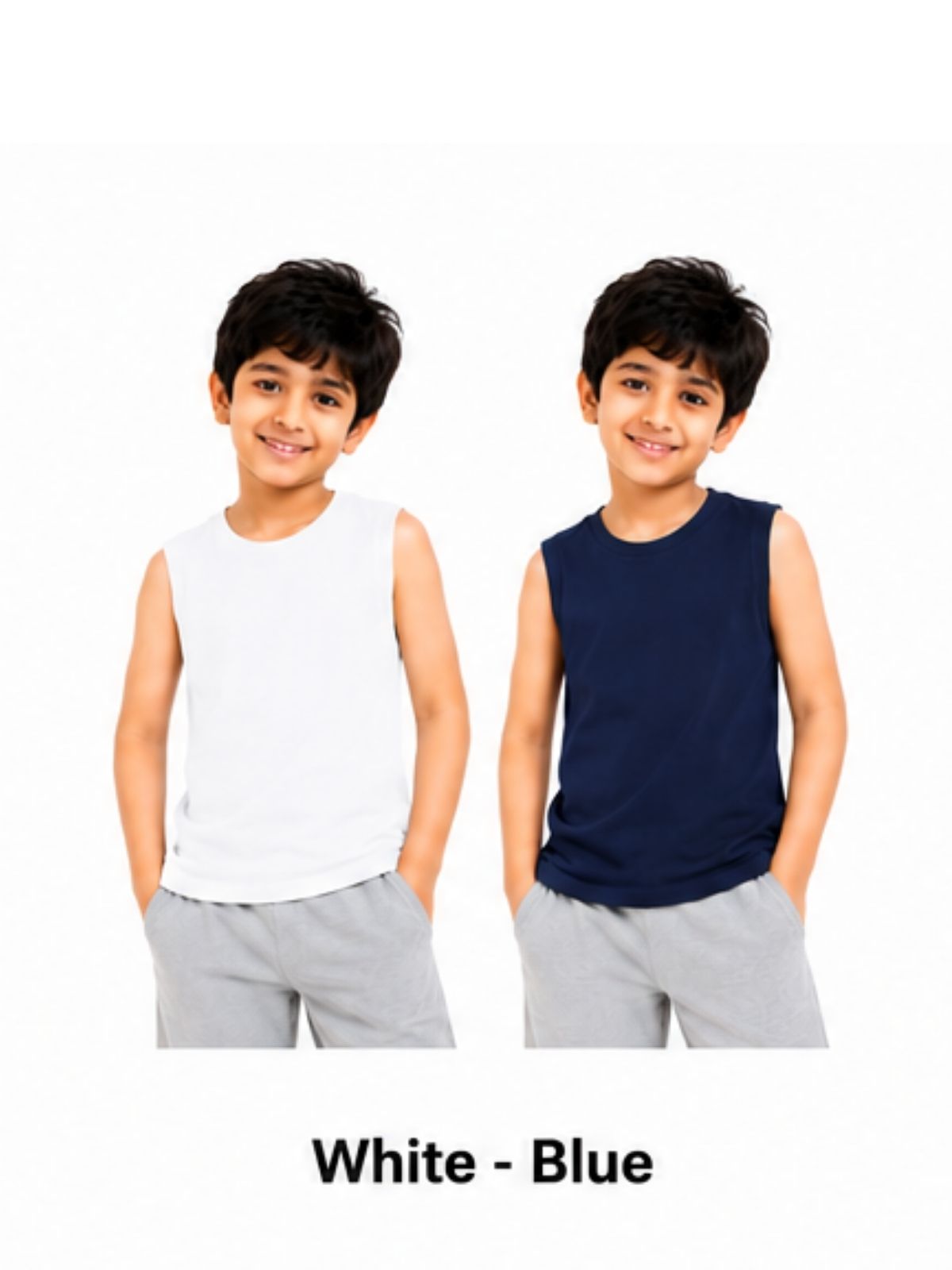 KIDELLO Boys Pure Cotton Sleeveless T-Shirt | Soft Breathable Round Neck Vest Tee for Kids | Regular Fit Summer Wear (Pack of 2)