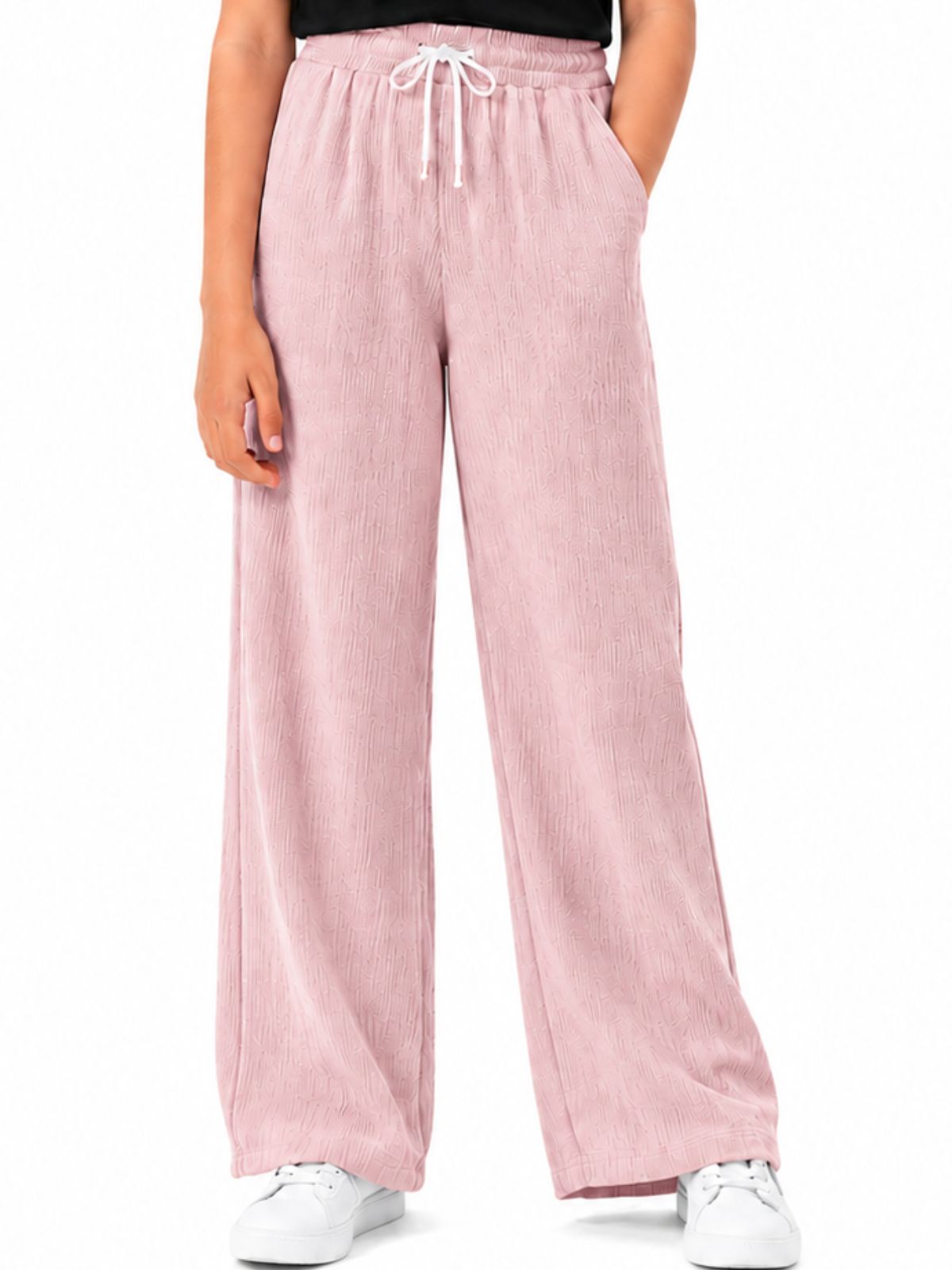 Kidello Girls Cotton Textured Palazzo Pant | Soft Cotton Wide Leg Pants with Elastic Waist & Drawstring