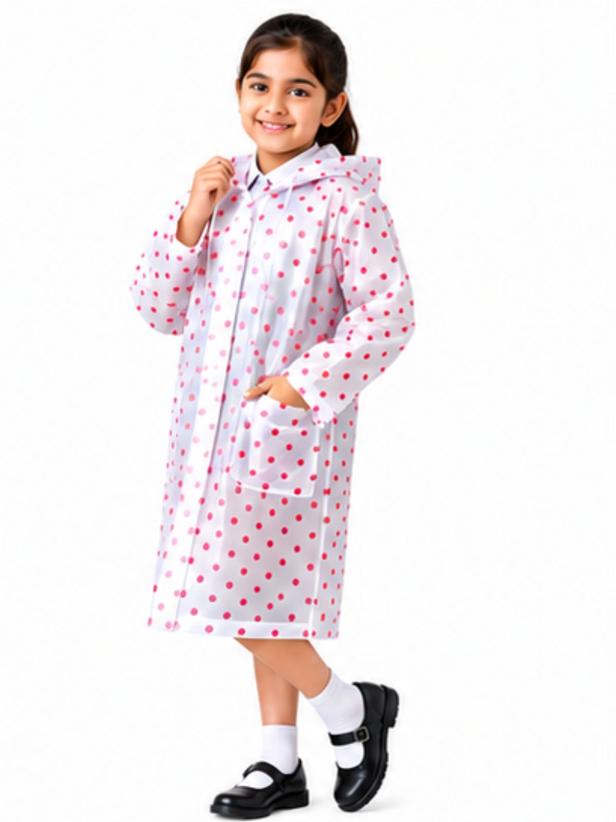 Kidello Kids Transparent Raincoat with Polka Dots | Waterproof Hooded Raincoat | School Rain Wear