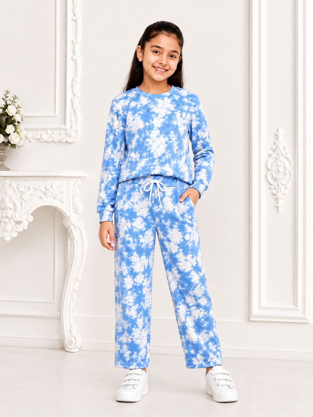 Kidello Girls Tie-Dye Pants | Blue & White Wide-Leg Cotton Jogger Pants with Drawstring
