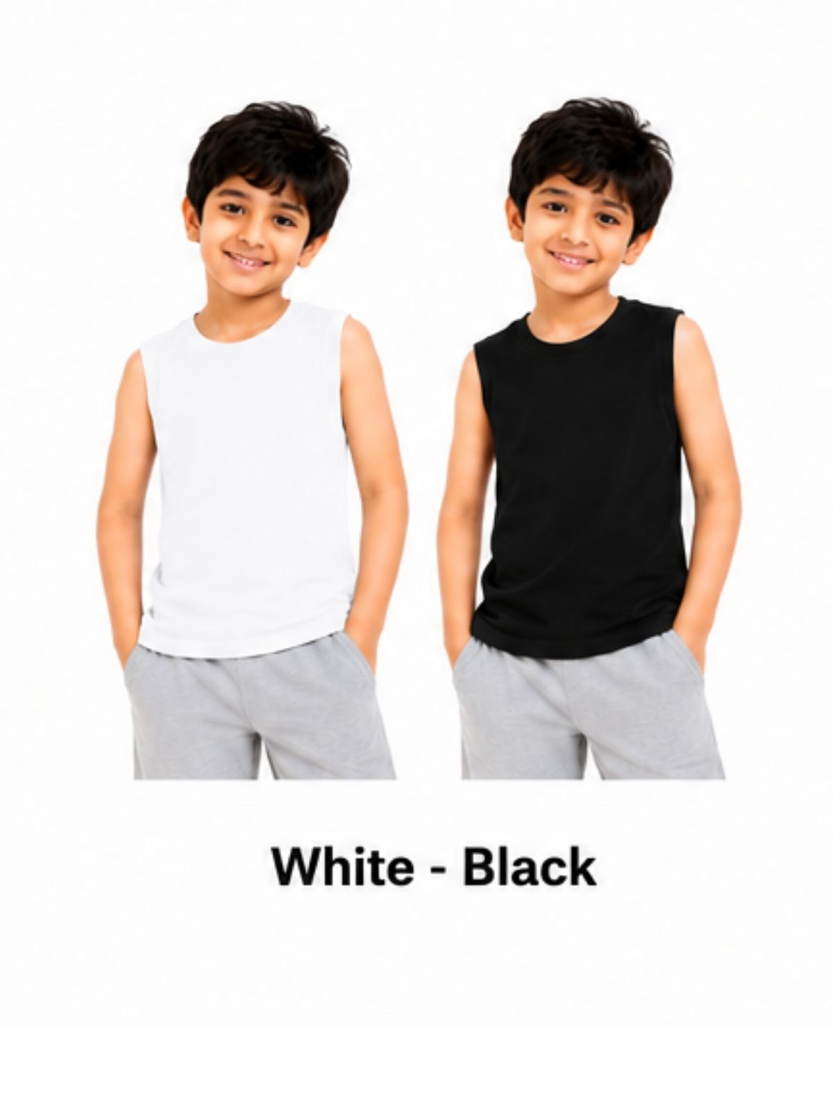 KIDELLO Boys Pure Cotton Sleeveless T-Shirt | Soft Breathable Round Neck Vest Tee for Kids | Regular Fit Summer Wear (Pack of 2)
