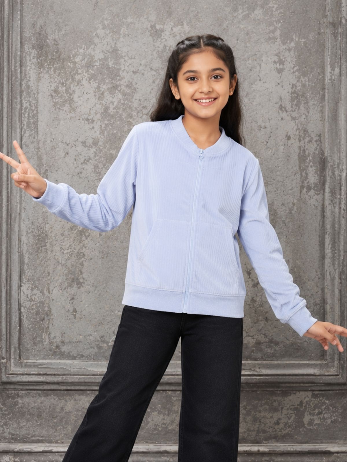Kidello Girls Velvet Jacket | Full Zip Jacket with Kangaroo Pocket | Soft & Warm Winter Jacket for Kids