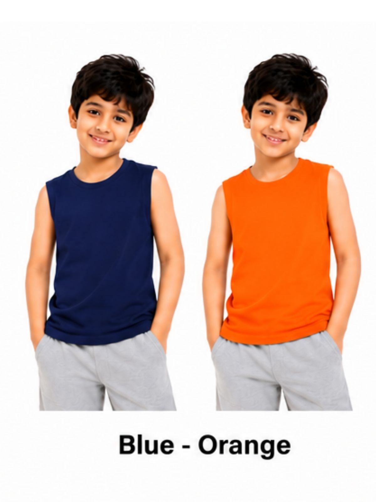 KIDELLO Boys Pure Cotton Sleeveless T-Shirt | Soft Breathable Round Neck Vest Tee for Kids | Regular Fit Summer Wear (Pack of 2)