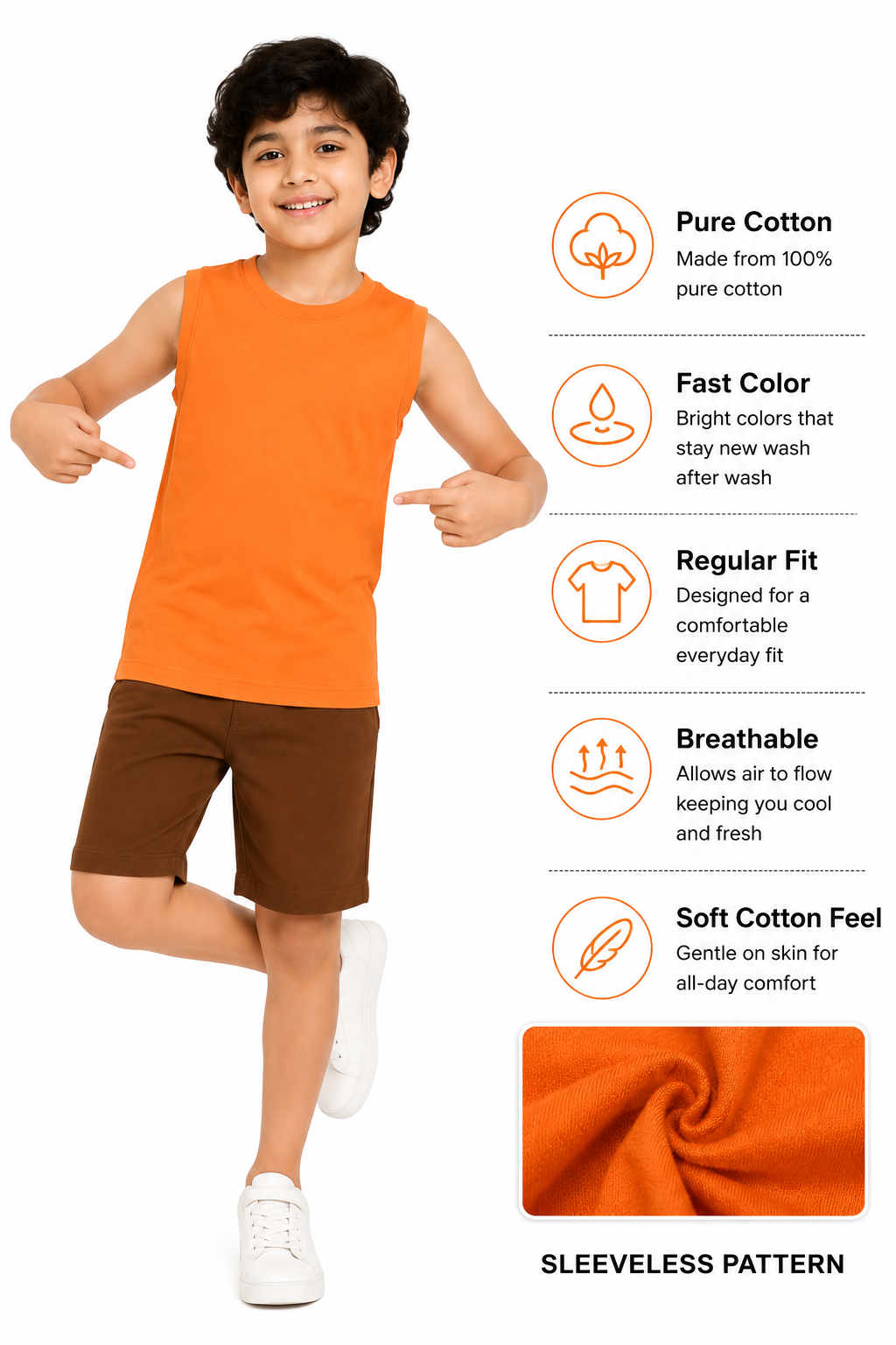 KIDELLO Boys Pure Cotton Sleeveless T-Shirt | Soft Breathable Round Neck Vest Tee for Kids | Regular Fit Summer Wear