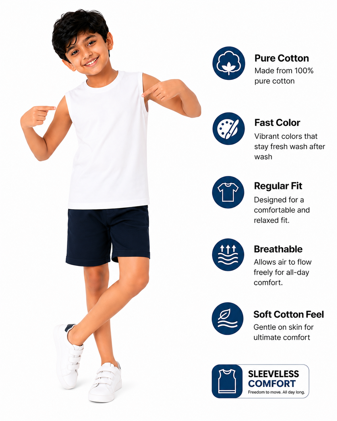 KIDELLO Boys Pure Cotton Sleeveless T-Shirt | Soft Breathable Round Neck Vest Tee for Kids | Regular Fit Summer Wear