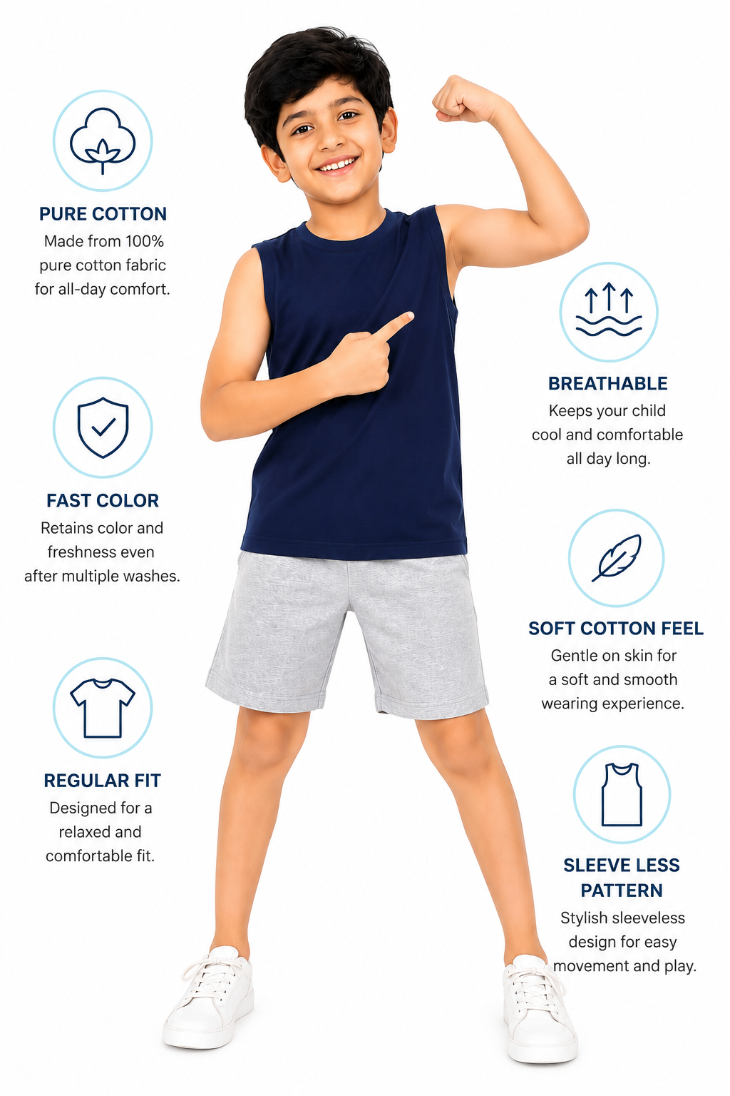KIDELLO Boys Pure Cotton Sleeveless T-Shirt | Soft Breathable Round Neck Vest Tee for Kids | Regular Fit Summer Wear
