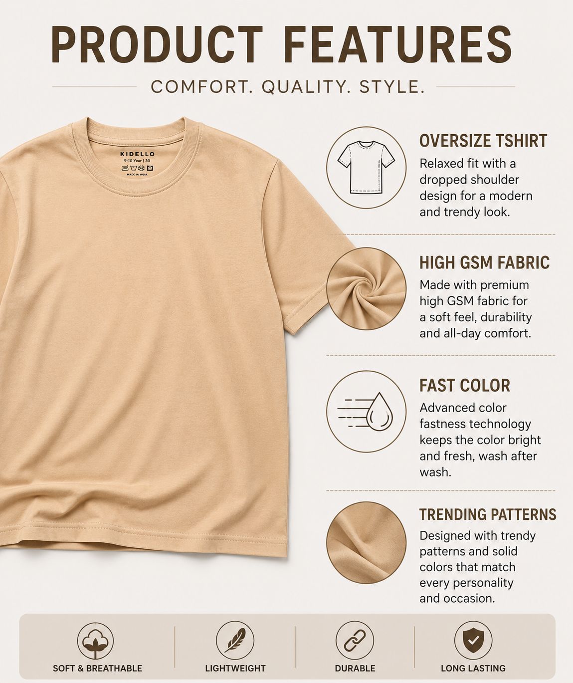 Kidello Boys Oversized Relaxed Fit Boxy T-Shirt | Premium High GSM Cotton | Soft & Breathable | Casual Everyday T-Shirt