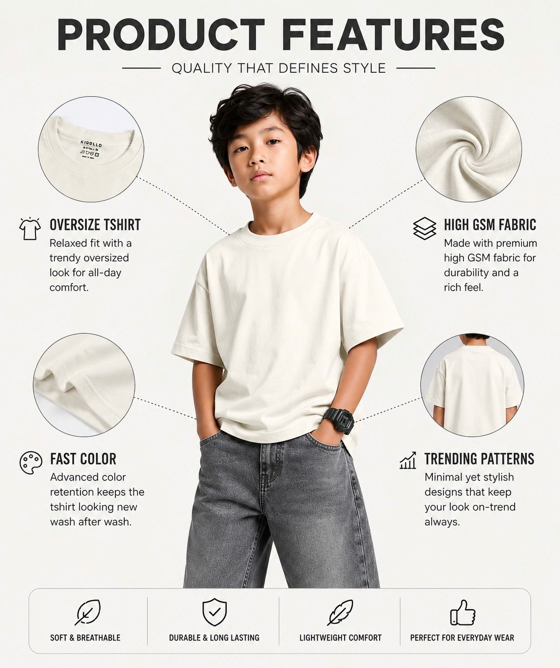 Kidello Boys Oversized Relaxed Fit Boxy T-Shirt | Premium High GSM Cotton | Soft & Breathable | Casual Everyday T-Shirt