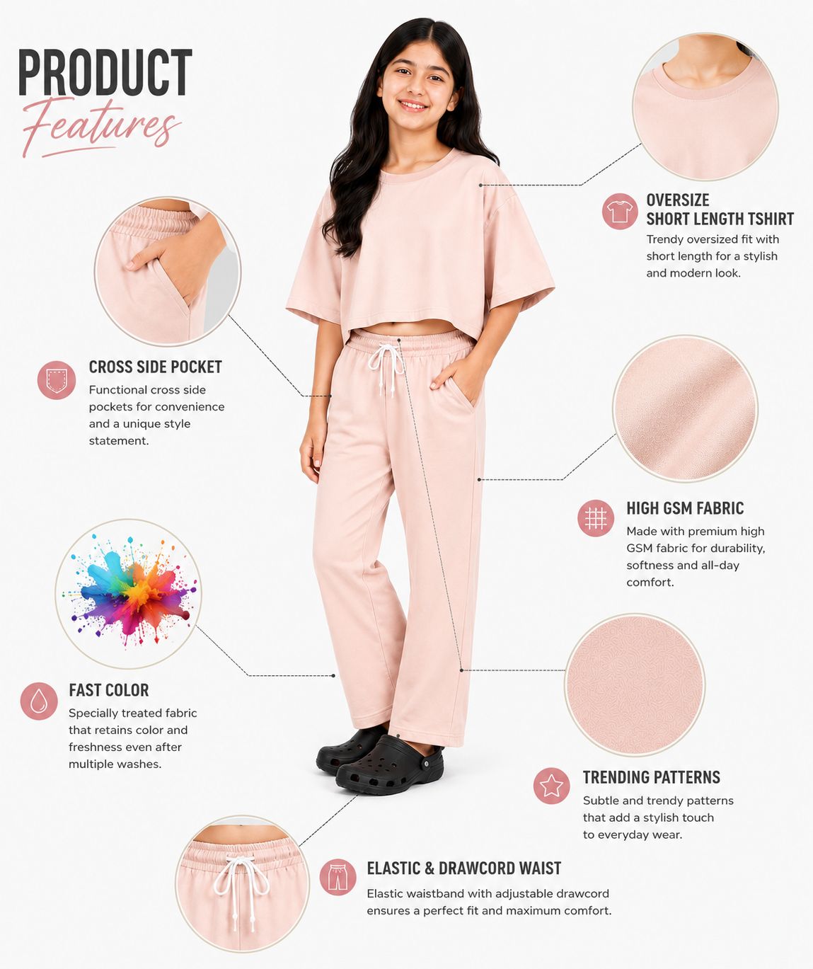 Kidello Girls Cotton Co-ord Set | Oversized Crop Top & Track Pant