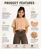 Kidello Girls Oversized Relaxed Fit Boxy Crop Top | Premium High GSM Cotton | Soft & Breathable | Casual Everyday T-Shirt