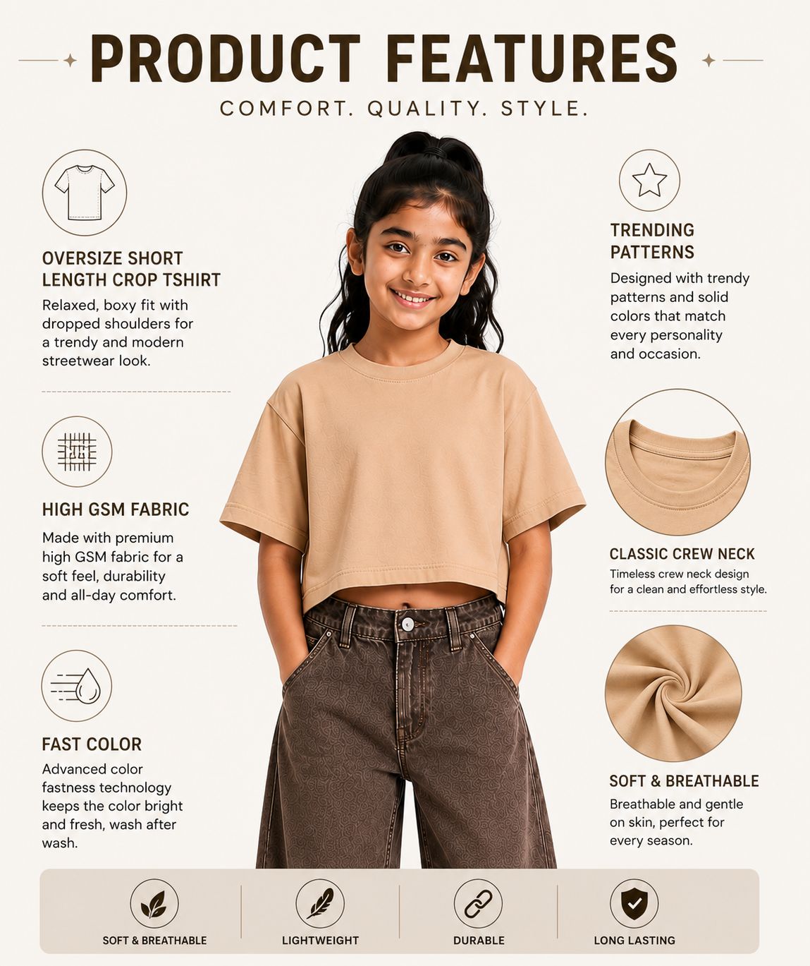 Kidello Girls Oversized Relaxed Fit Boxy Crop Top | Premium High GSM Cotton | Soft & Breathable | Casual Everyday T-Shirt