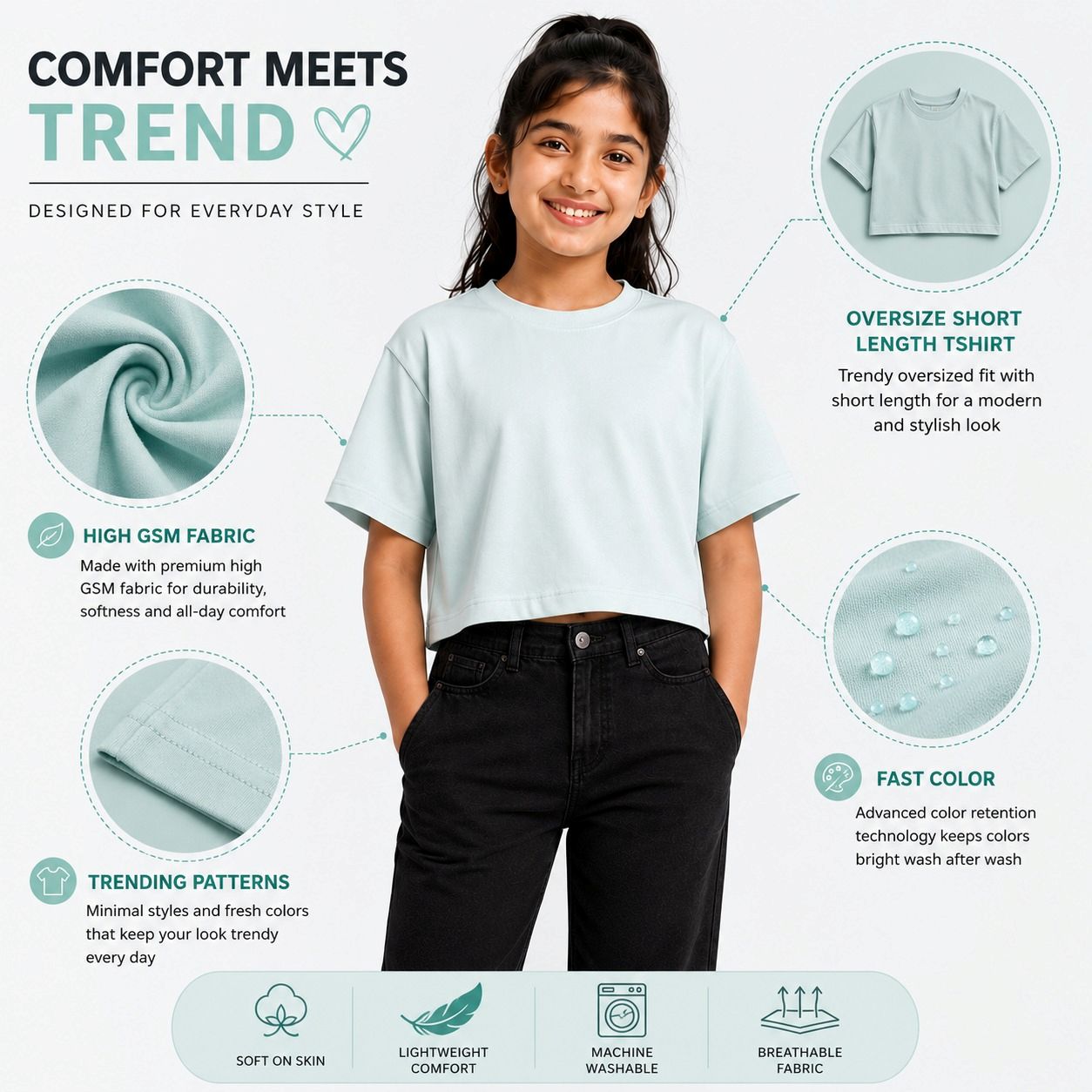 Kidello Girls Oversized Relaxed Fit Boxy Crop Top | Premium High GSM Cotton | Soft & Breathable | Casual Everyday T-Shirt