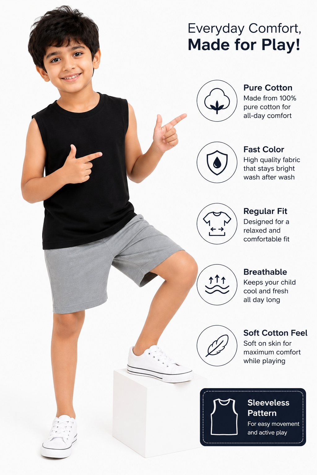 KIDELLO Boys Pure Cotton Sleeveless T-Shirt | Soft Breathable Round Neck Vest Tee for Kids | Regular Fit Summer Wear